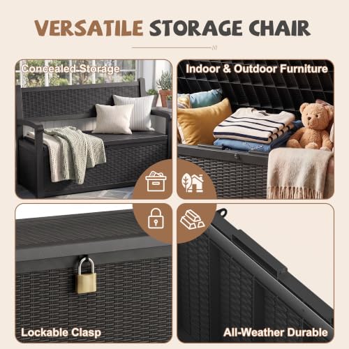 EFU Outdoor Bench Storage Deck Box,100 Gallon Waterproof Wicker - color: Black