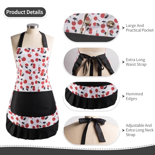 Retro Floral Apron for Women With Pockets for Cooking & Gifting - color: Cherry