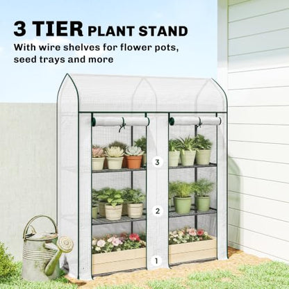 Outsunny 3 Tier Mini Greenhouse 2 Roll-up Doors 56.3" x 18.1" x 65" White - color: White
