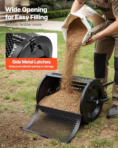VEVOR Compost Spreader, 16.5" Wide Peat Moss Spreader with T Shaped Handle, 3 Heights Adjustable, Powder-Coated Steel Garden Peat Moss Roller, Heavy Duty Grass Seed Roller for Planting Seeding, Black - size: 16.5in