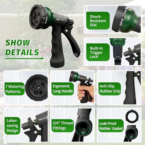 AUTOMAN Garden Hose Nozzle, Water Sprayer Nozzle with 7 Adjustable Watering Patterns,Slip Resistant Nozzle for Plants,Lawn,Washing Cars,Window Cleaning,Showering Pets & Outdoor Fun. - color: Green