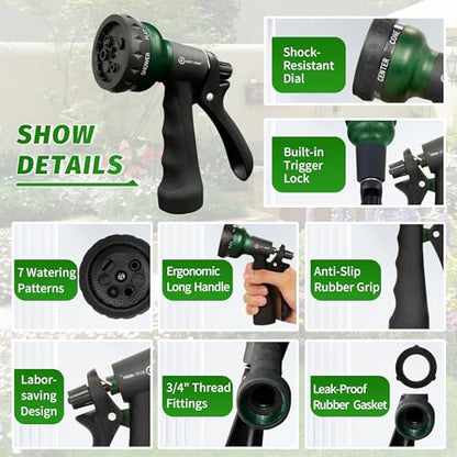 AUTOMAN Garden Hose Nozzle, Water Sprayer Nozzle with 7 Adjustable Watering Patterns,Slip Resistant Nozzle for Plants,Lawn,Washing Cars,Window Cleaning,Showering Pets & Outdoor Fun. - color: Green