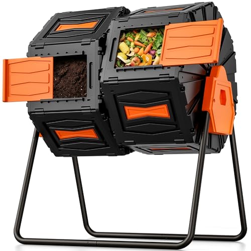 Composter Tumbler Outdoor, 45Gal Dual Chamber Batch Rotating Compost Tumbler, Easy Assembly/UV Resistant/BPA-Free/HOA Friendly Compost Bin Outdoor for Kitchen Food Scraps Garden Yard Waste - color: Orange