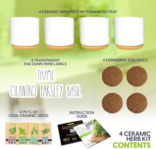 Indoor Herb Garden Kit, Ceramic Pots with Soil & Seeds - color: Ceramic Edition