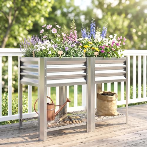 Outsunny Galvanized Steel Raised Garden Bed with Storage Shelf, Silver - color: Silver