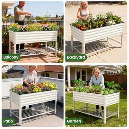 G GOOD GAIN Elevated Raised Garden Bed Kit with Leg, Rack, 2x4ft, White - size: 2' x 4', style: White with Legs & Storage Rack