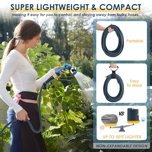 Non-Expandable Garden Hose 100 FT, Lightweight Hose with 10 Function Spray Nozzle, Kink-Free Flexible Water Hose, Durable, Leak-Proof, 360° Swivel Connectors, Portable Storage Strap