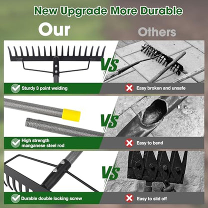Heavy Duty Metal Bow Rake for Lawn , 17 Steel Tines Garden Rake