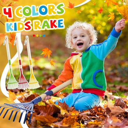 4 Pcs Kids Rake Small 27inch Wood Handle Leaf Rake with Colorful Metal Tine