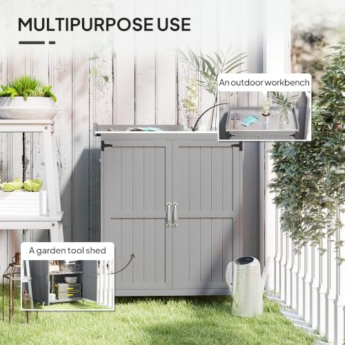 Outsunny Outdoor Storage Cabinet with Metal Tabletop Shelf Gray