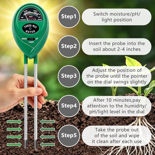 Soil Tester, Soil pH Meter, 3 in 1 Soil Test Meter for Moisture, Soil Moisture Meter for Plants, PH Value & Sunlight Hours, No Batteries Required