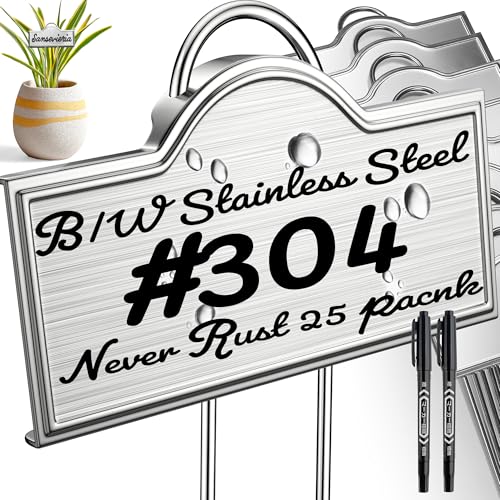 Stainless Steel 304 Plant Labels for Garden Outdoor | Metal Plant Markers Waterproof for Vegetables Herb Seedlings Flowers with 2 Pens | 25 Pack | Label Area 3.74'' x 1.39'' Height 10.75 Inch | Silver - color: Silver