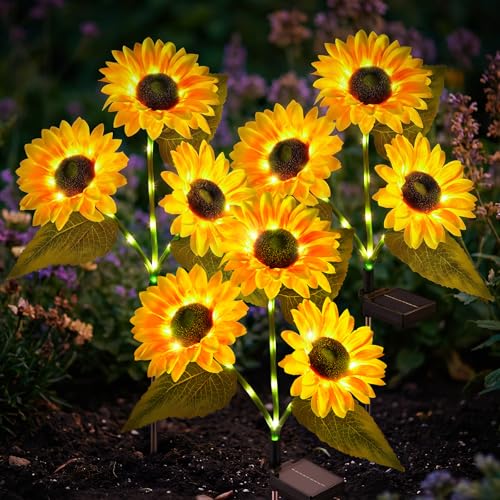 Brightown 3 Pack 3 Head Solar Sunflower Garden Stake Lights Waterproof - color: Yellow, size: 3 Packs