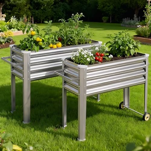 Land Guard 2 Pack Galvanized Raised Garden Bed with Legs & Wheels, 36×12×32in Metal Elevated Raised Planter Box for Backyard, Patio, Balcony, 300lb Capacity, Silver - color: Silver, size: 36×12×32in (2-Pack)