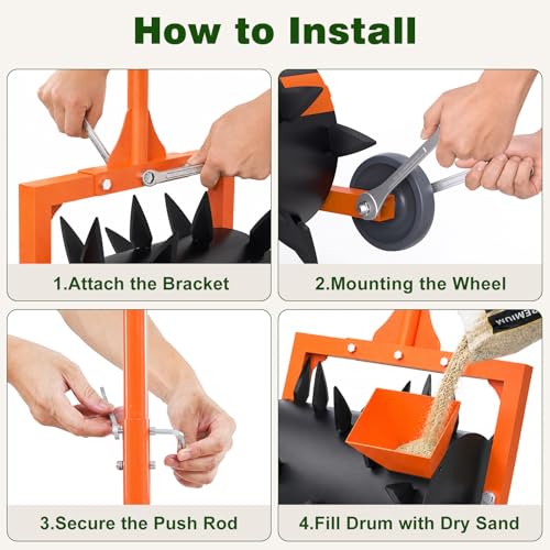 Heavy-Duty Push Lawn Aerator Roller with Steel Spikes for Compacted Soil - color: Orange