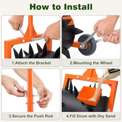 Heavy-Duty Push Lawn Aerator Roller with Steel Spikes for Compacted Soil - color: Orange