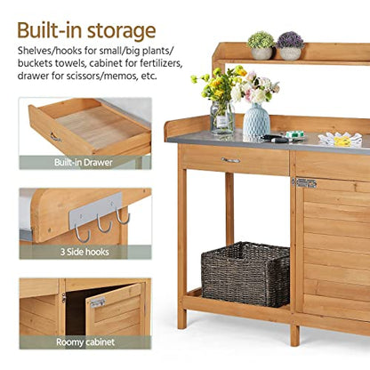 Yaheetech Potting Bench Outdoor Potting Table with Storage,Natural Wood - color: Natural Wood