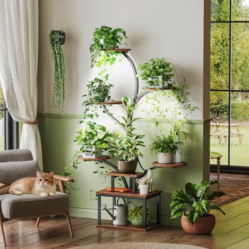 PRAISUN 51 Inch Plant Stand with Grow Lights, 8 Tiered Indoor Plant Shelf - color: Rustic Brown