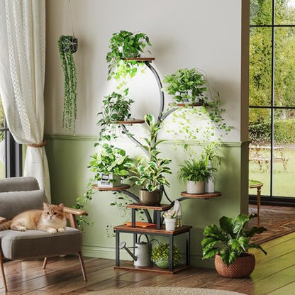 PRAISUN 51 Inch Plant Stand with Grow Lights, 8 Tiered Indoor Plant Shelf - color: Rustic Brown