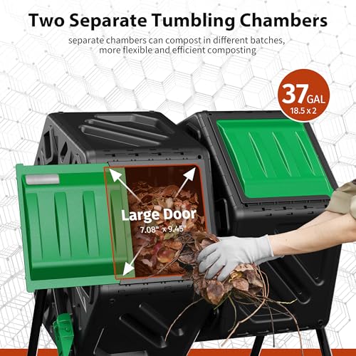 Compost Bin, 37-Gal Dual Chamber Composter Tumbler, Black Green
