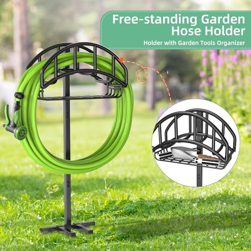 Garden Hose Holder - Upgraded Metal Reel With Tool Storage Basket | Heavy Duty Freestanding Water Hose Holder Holds 150ft, Detachable Storage Hanger for Outside - size: Arch Basket