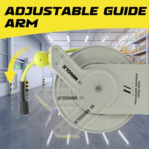 M MINGLE Retractable Pressure Washer Hose Reel, 1/4" × 60ft Power Washer Hose Reel, Auto Rewind Hose Reel, Wall/Floor Mounted, 3600 PSI - size: 60 FT