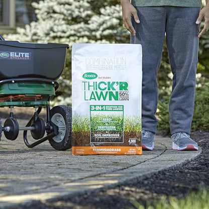Scotts Turf Builder Thick'R Lawn Bermudagrass - Covers 1,200 sq. ft., Combination Seed, Fertilizer and Soil Improver, Fill and Repair Gaps in Thin Lawns and Enhance Root Development, 12 lb. - size: 12 lb.