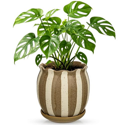 5.2 inch Stripes Ceramic Plant Pots with Drainage Hole and Tray, Brown - color: Brown