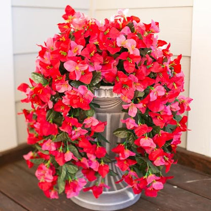 2 PCS Bougainvillea Artificial Hanging Flowers Plants for Outdoors, Mix - color: Hot Pink + Red