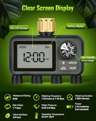 Brass Sprinkler Timer with Swivel, Programmable Water Timer for Garden Hose with Auto/Manual/Rain Delay Watering, Digital Irrigation System Kit,for Garden, Yard, Lawn 4 Outlet F14WT06