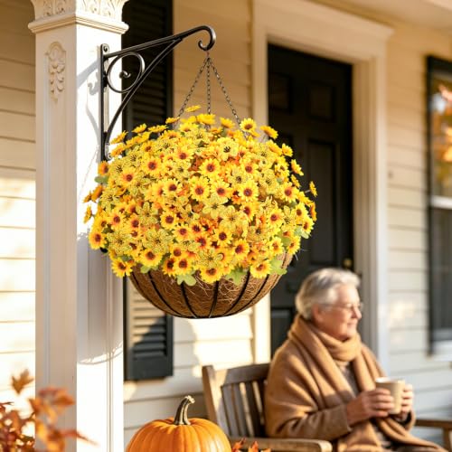 15PCS Artificial Fall Flowers for Outdoors, UV Resistant Fake Mums - color: Yellow Daisies & Yellow Violets