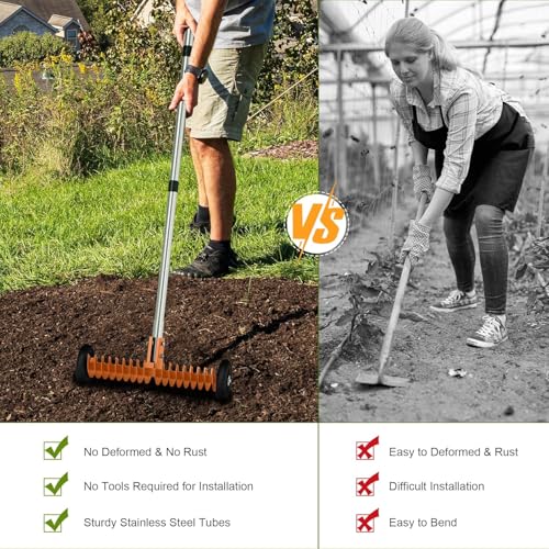 Thatch Rake, 15-Inch Dethatcher Rake for Lawn with Rolls Adjustable 0-15°
