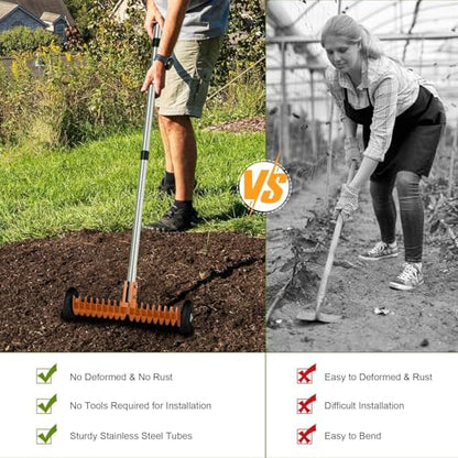 Thatch Rake, 15-Inch Dethatcher Rake for Lawn with Rolls Adjustable 0-15°