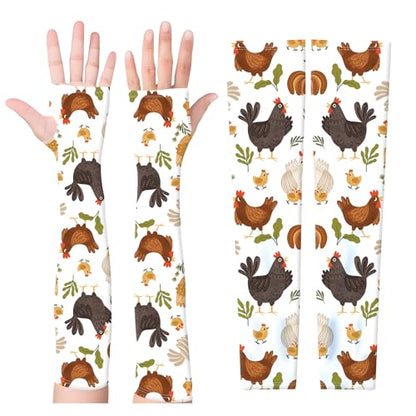 Gardening Sleeves for Women Men, Farm UV Sun Protection Cooling Arm Sleeves with Thumb Hole, Thorn Proof Anti-Scratch Arms Covers for Garden Sports Outdoors Boho Chicken