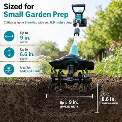 20V Cordless Tiller Cultivator 9" Wide Mini Garden Tiller with 2 Batteries