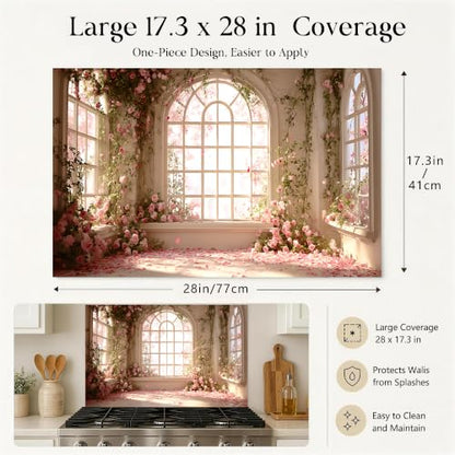 Kitchen Wallpaper 17.3x28 in Rose Garden Arched Window for Backsplash - color: Colorful1281