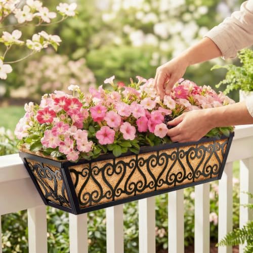 2 Pack 30 Inch Deck Railing Planter Box - Window Boxes Planters with Adjustable Brackets Coco Liners Balcony Planters Railing Hanging for Window Flower Boxes Outdoor Garden Decor - size: 30 Inch