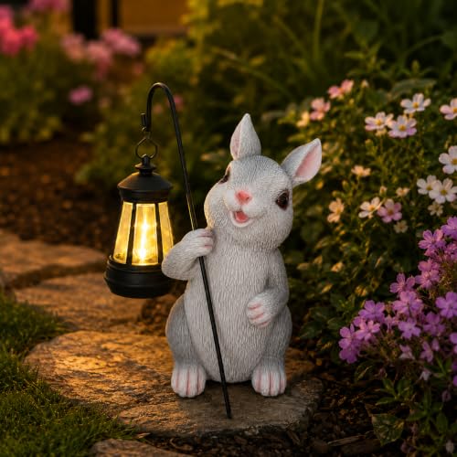 YODY Solar Bunny Statue for Garden Outdoor Decor- Rabbit Figurine Lantern for Patio, Balcony, Yard, Lawn Ornament- Unique Birthday Gifts for Mom Grandma Women - color: Gray Rabbit