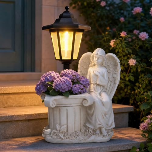 Solar Angel Outdoor Garden Statues with Lantern & Flower Pot - color: Angel