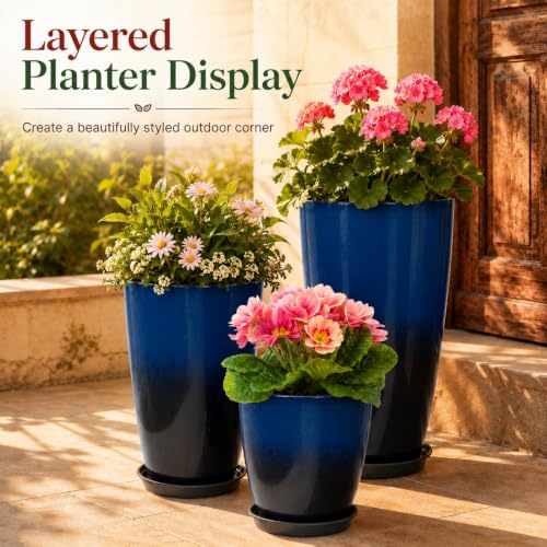 Neoaider Set of 3 Tall Planter, 24/21/12in Large Plastic Planter, Dark Blue - color: Dark Blue