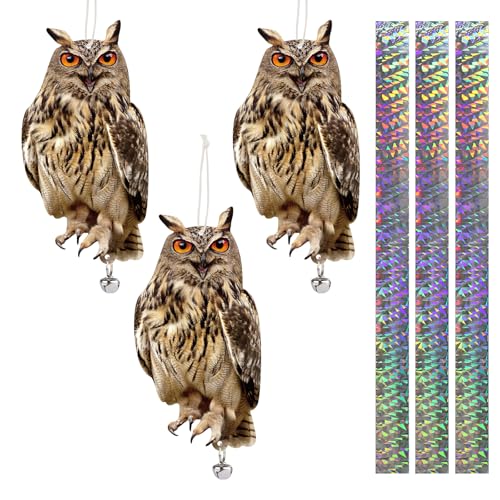 Hanging Plastic Owls for Gardens, 3PCS Reflective Hanging Owl Decoration Woodpecker Control Device with Reflective Tape, Jinging Bell for Garden Patio Windows - color: Brown Owl H1 3pcs, size: 3 Pcs