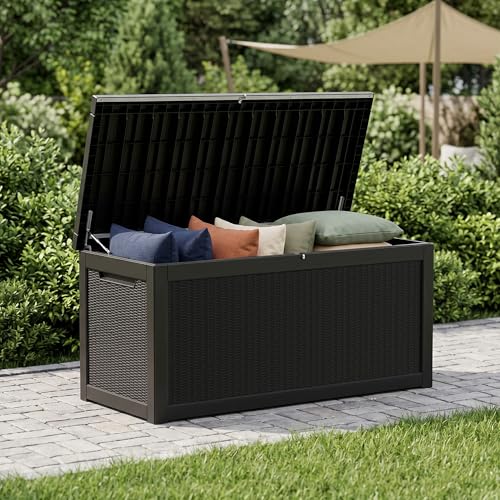 325 Gallon Outdoor Storage Box Waterproof, Large Deck Box Lockable Resin Outside Storage Bin for Pool Cushion, Patio Furniture, Garden Tools UV-Resistant, Black - color: Black, size: 325 Gallon