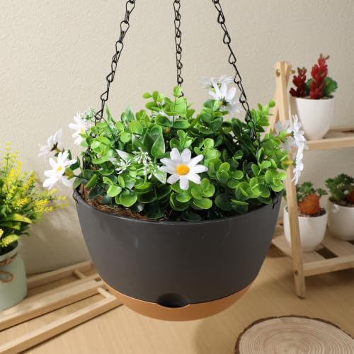 2 Pack Self Watering Hanging Planters: 9.7 Inch Pots with Chain Tray, Black - color: Black