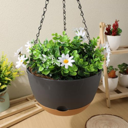 2 Pack Self Watering Hanging Planters: 9.7 Inch Pots with Chain Tray, Black - color: Black