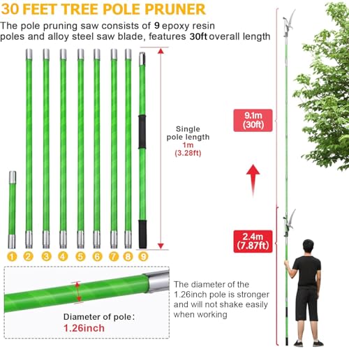 30 Feet Tree Pole Pruner Manual Branches Trimmer Tree Branch Garden Tools Loppers Hand Pole Saws Extendable Height Adustable System for Sawing and Shearing - size: 30FT