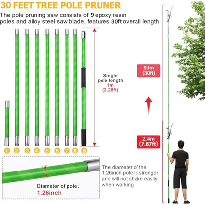 30 Feet Tree Pole Pruner Manual Branches Trimmer Tree Branch Garden Tools Loppers Hand Pole Saws Extendable Height Adustable System for Sawing and Shearing - size: 30FT
