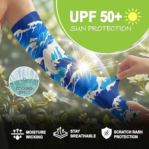 Evridwear Gardening Sleeves,UV Protection Cooling Arm Sleeve Women Men - color: Ocean Waves, size: Small-Medium