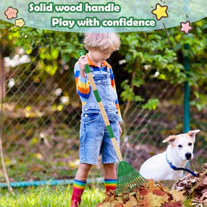 Kids Leaf Rake - 3-Section Adjustable Handle, Lightweight, Wood & Plastic, Small Garden Tool for Children (Green) - color: Green