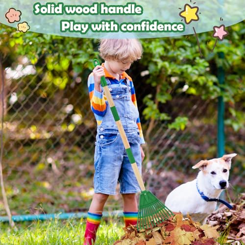 Kids Leaf Rake - 3-Section Adjustable Handle, Lightweight, Wood & Plastic, Small Garden Tool for Children (Blue+Green) - color: Blue+Green