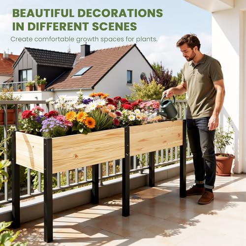 SUNYRISY Dual Wooden Raised Garden Bed Outdoor with Metal Legs